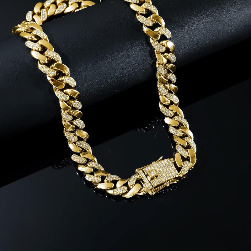 JUNVirtuous Cuban Link Chain Mens Iced Out Miami Cuban Necklace Silver/Gold Bling Diamond Hip Hop Jewelry for Women - Image 3